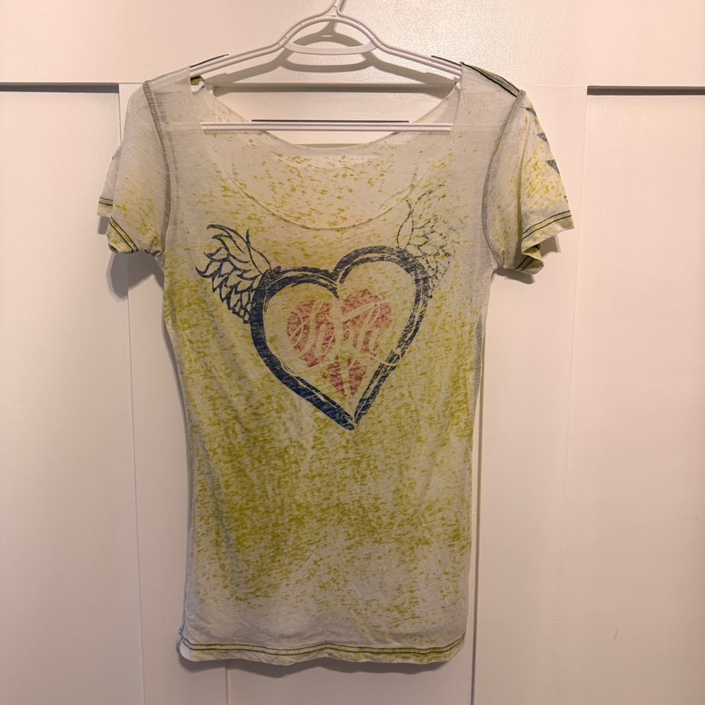 Sinful Y2K Yellow and Blue Heart Burnout Tee